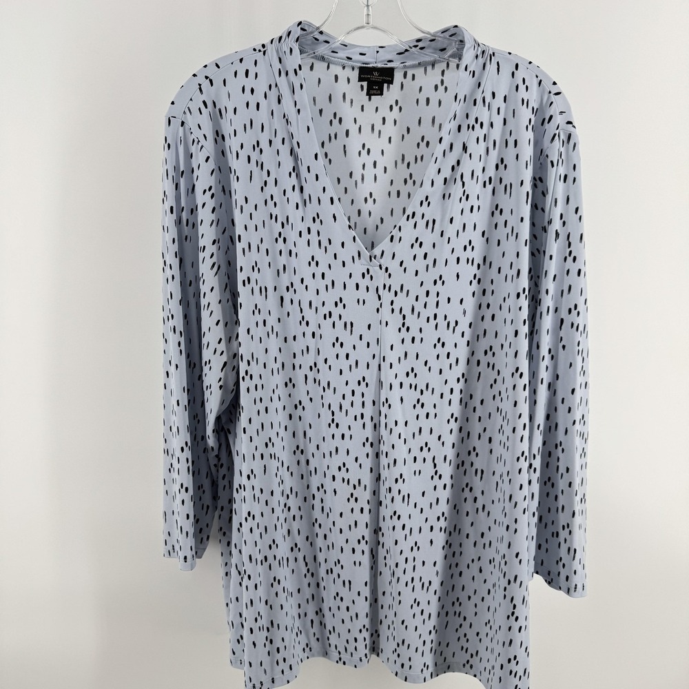 Worthington Blouse Womens 1X Blue Geometric V Neck Long Sleeve Tunic Top Stretch